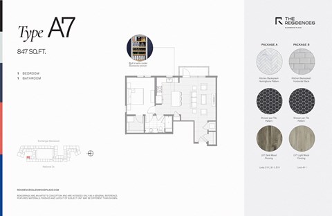 Floor plan for 1 bed, 1 bath, 847 sqft